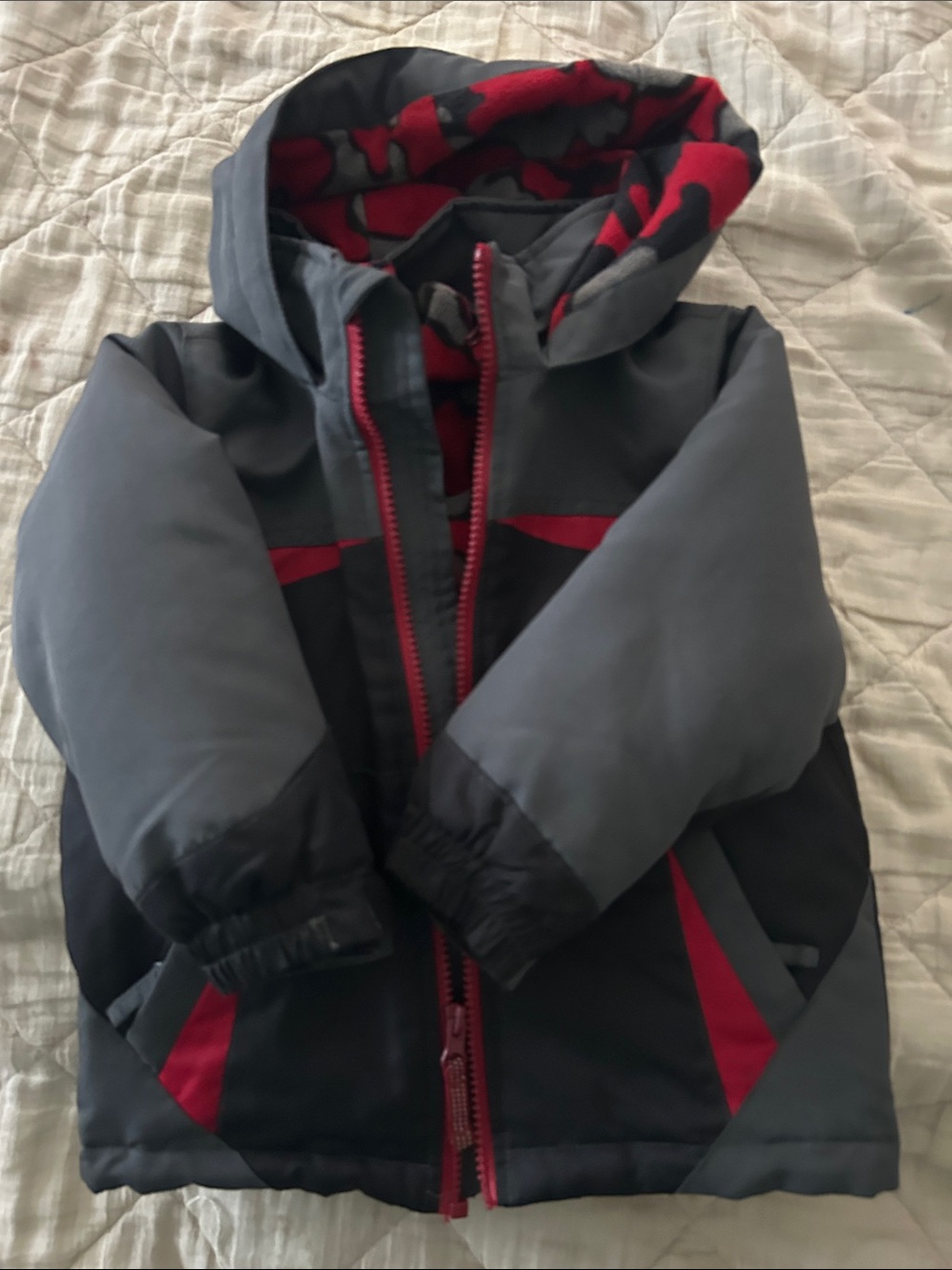 Wonderkids Grey and Red Hooded Puffer Jacket